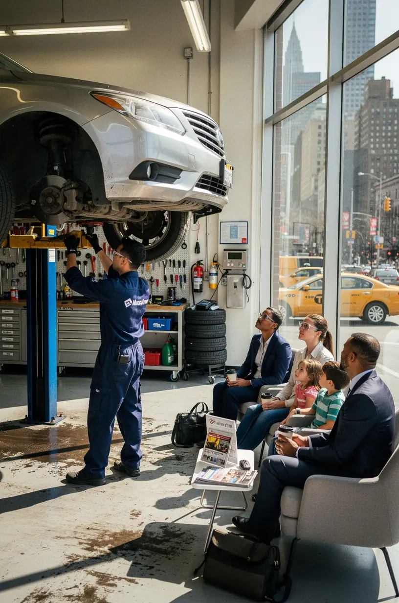 Busy auto center bay with multiple cars receiving routine maintenance to minimize driver wait times