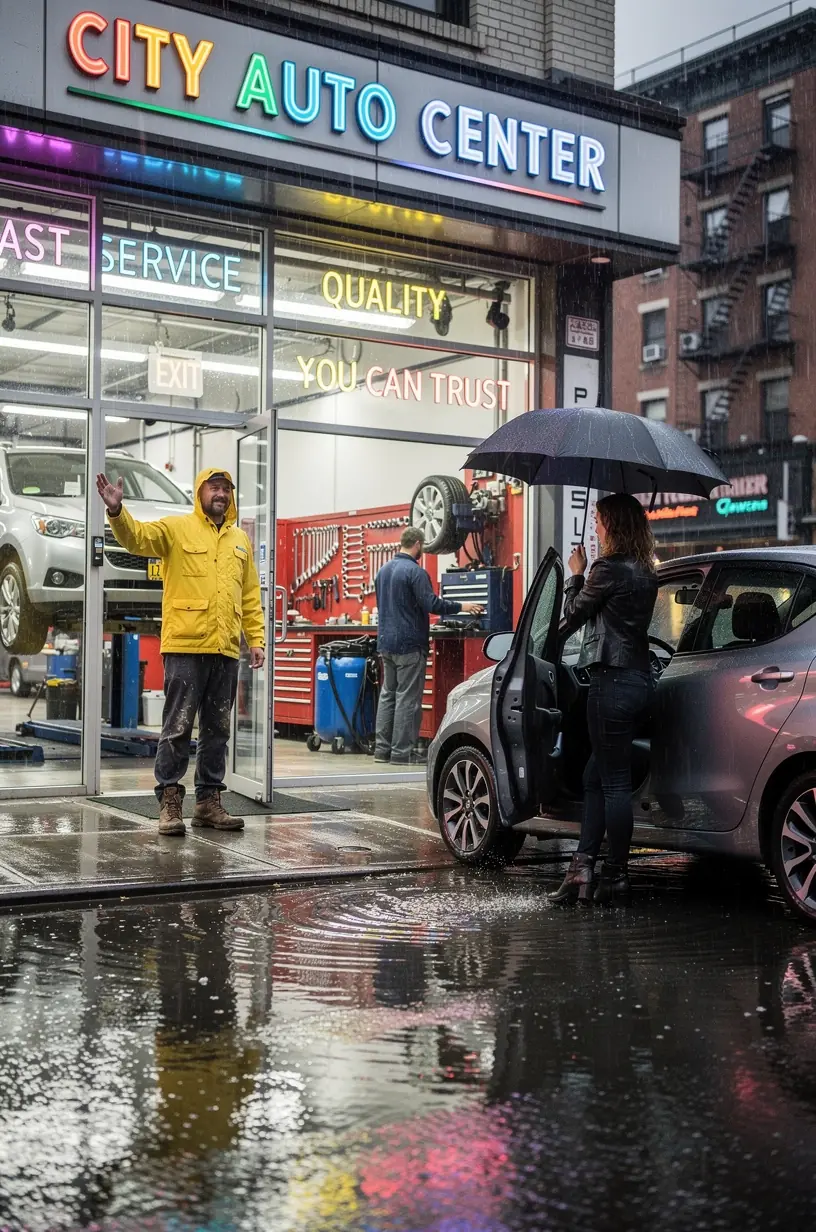 Technician explaining transparent pricing and maintenance recommendations to a customer in an urban auto service setting